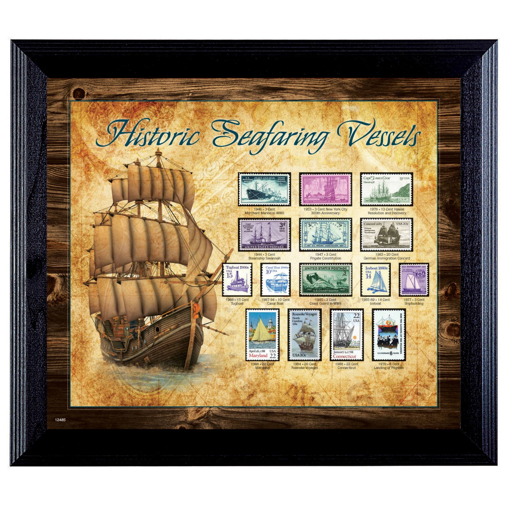 Ships on Stamps in Wall Frame